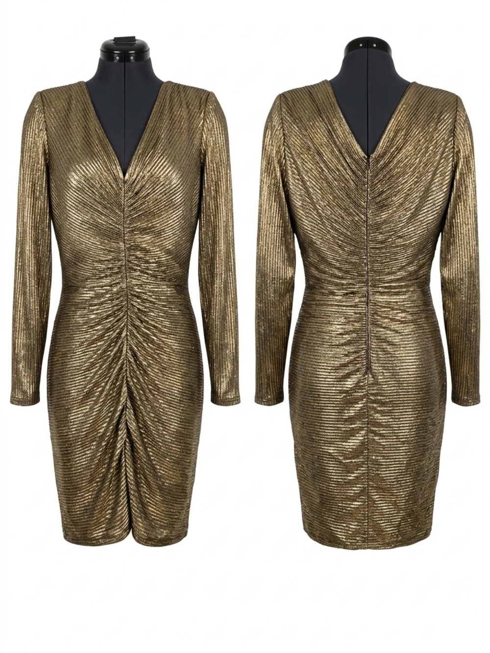 Metallic Gold Long-Sleeve Ruched V-Neck Cocktail Dress